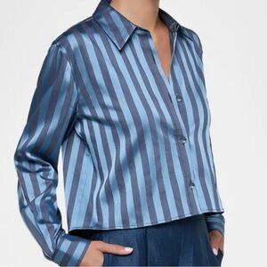 L’AGENCE Cosette Striped Crop Hi Low Button Up Shirt SZ XL Quiet Luxury EUC